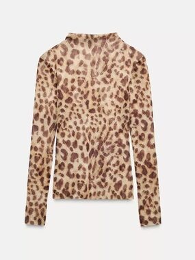 Zara Brown and Tan Sheer Leopard Print Long Sleeve Top